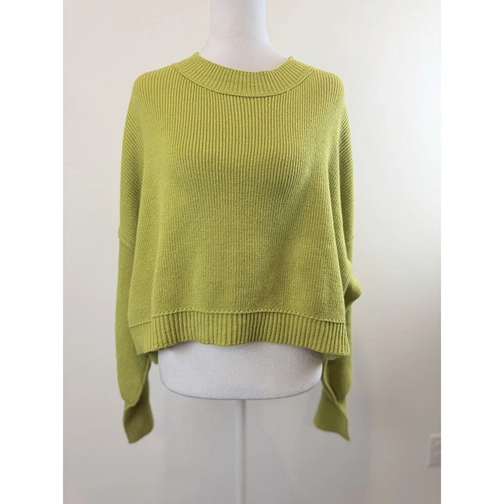 Free People Oversized Cropped Rib Knit Sweater Green Cotton Blend Size S/P